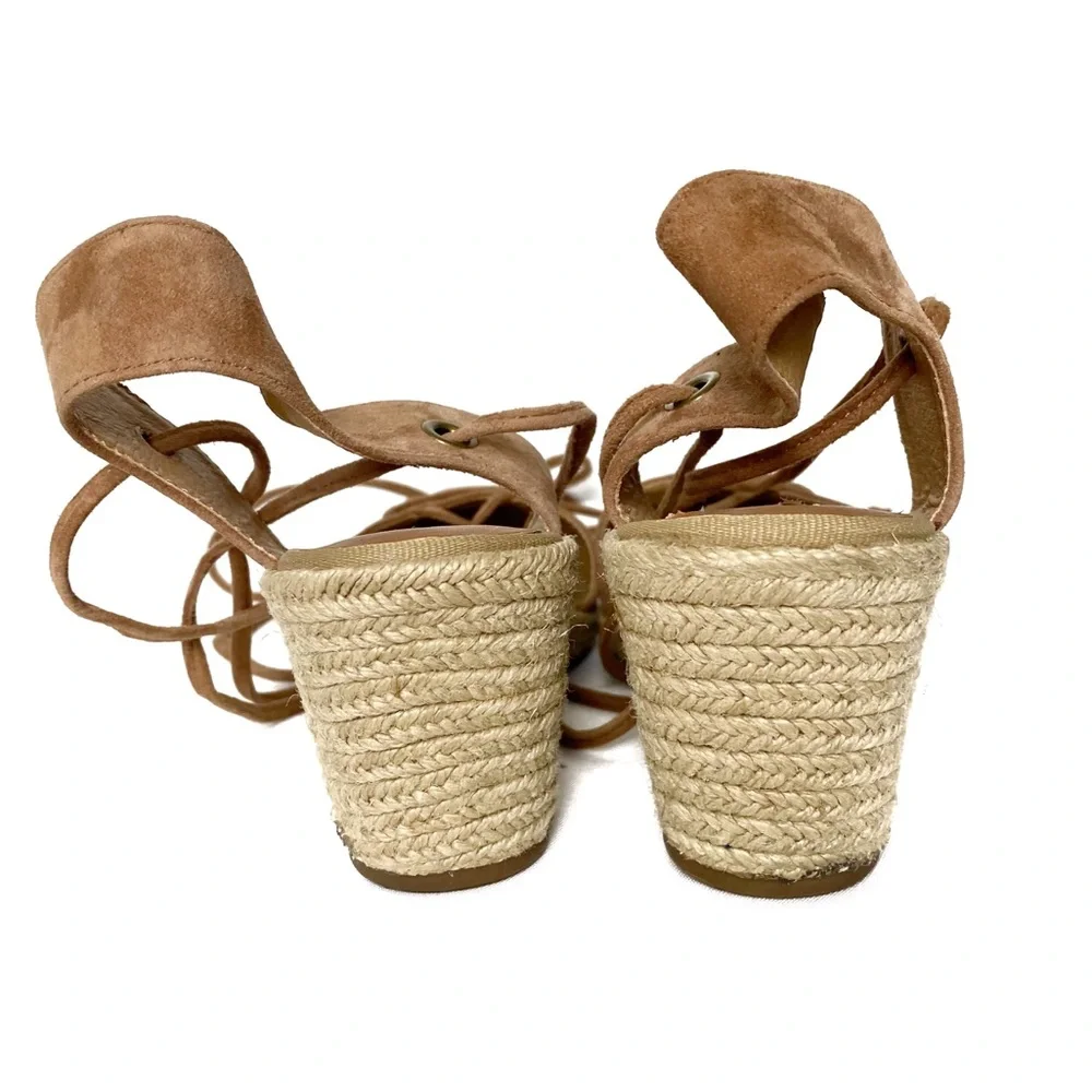 LUCKY BRAND KELLER Suede Platform Wedge Gladiator Lace Up Espadrille Tan Sandals